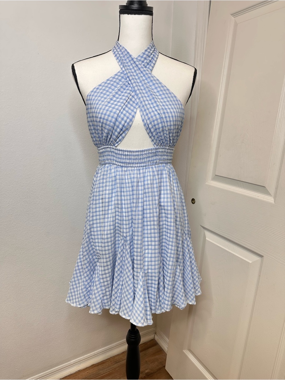 Gingham Cross-Halter Mini Dress in Light Blue